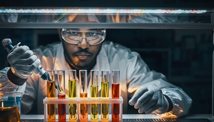 Focused african american male scientist with pipette and test tubes under a lab hood, scientific research and development