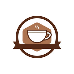 Coffee cup emblem with steam and ribbon banner, vintage style cafe or restaurant logo design element
