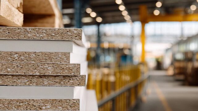 Detailed macro view of stacked drywall, corner edges in sharp focus, subtle imperfections visible, industrial site environment softly illuminated