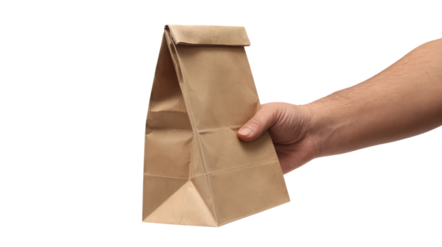 Hand holding a brown paper bag isolated on transparent background symbolizing convenience for food takeaway packaging and lunch featuring grocery delivery for business - Powered by Adobe
