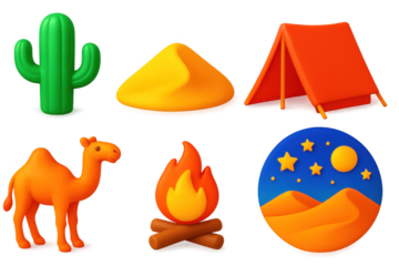 Desert Camping Icons. 3D icon set of desert camping: cactus, sand dune, tent shade, camel, bonfire, desert starry night. A set of