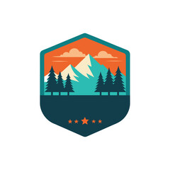 Vintage mountain range emblem design with forest and sunset sky. Retro wilderness travel logo for adventure and camping services