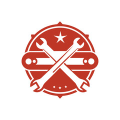 Vintage industrial emblem with crossed wrenches and a star. Circular craft badge logo for a mechanic workshop or repair service