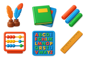 Bold School Supplies Icons. 3D icon set of traditional school supplies: quill pens, exercise books, chalk sticks, counting beads,