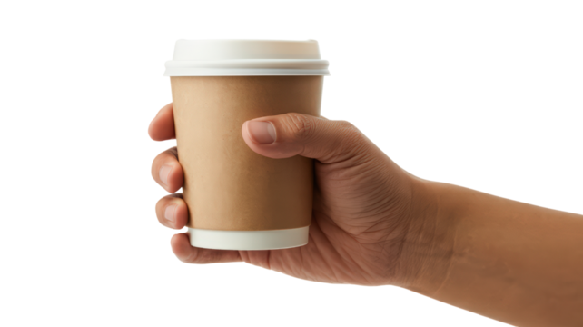 Hand Holding Disposable Coffee Cup Against Checkered Background Ideal for Mockups and Product Presentations Showing Convenience and On the Go Lifestyle with Neutral Tone