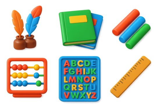 Bold School Supplies Icons. 3D icon set of traditional school supplies: quill pens, exercise books, chalk sticks, counting beads,