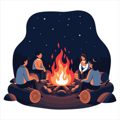 Friends gathered around a warm campfire under a starry night isolated on white background, Vector