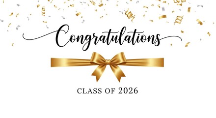 Elegant graduation celebration card with gold ribbon and festive confetti