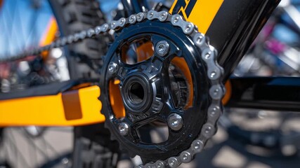 Detailed view of interlocking steel mechanisms with a circular metal wheel in sharp focus, orange panels and black structural parts creating bold mechanical contrast