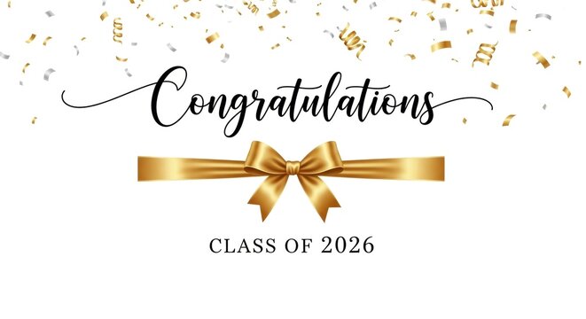 Elegant graduation celebration card with gold ribbon and festive confetti