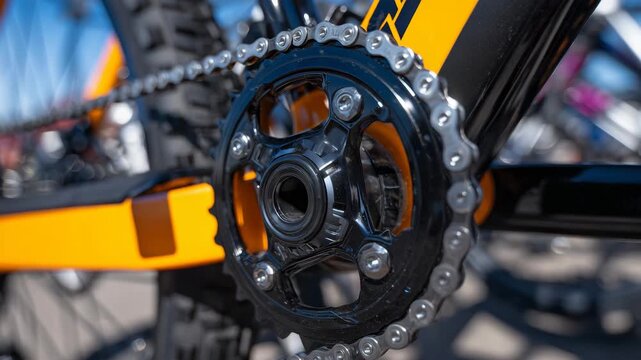 Detailed view of interlocking steel mechanisms with a circular metal wheel in sharp focus, orange panels and black structural parts creating bold mechanical contrast