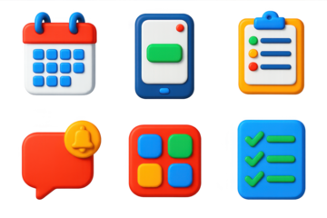 Vibrant 3D Icon Set. 3D icon set of organizational tools: calendars, booking tablets, schedules, notifications, apps, task lists.