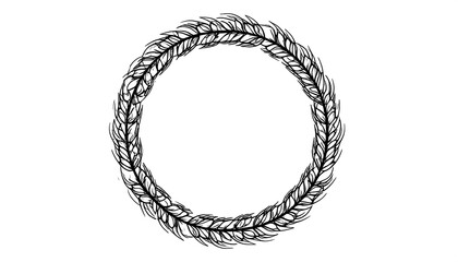 Circular wreath made of stylized leaves, sketched with fine lines on a clean white backdrop