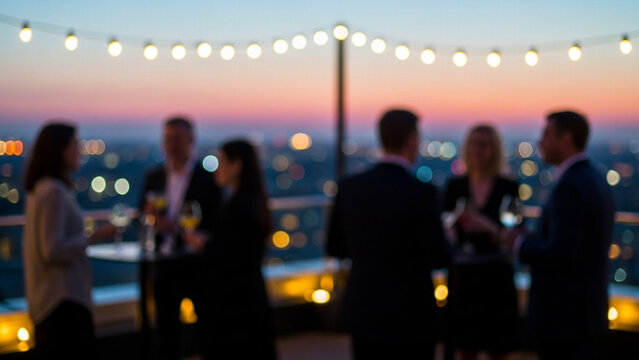 Blurred Rooftop Networking Event with String Lights at Dusk