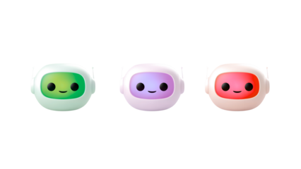 Cute robot heads in green, purple, and pink, showcasing technology and emotion