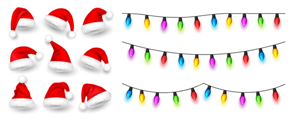Christmas glowing lights. Festival garlands with colorful bulbs. Greeting card design element. New Year, winter holidays