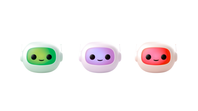 Cute robot heads in green, purple, and pink, showcasing technology and emotion