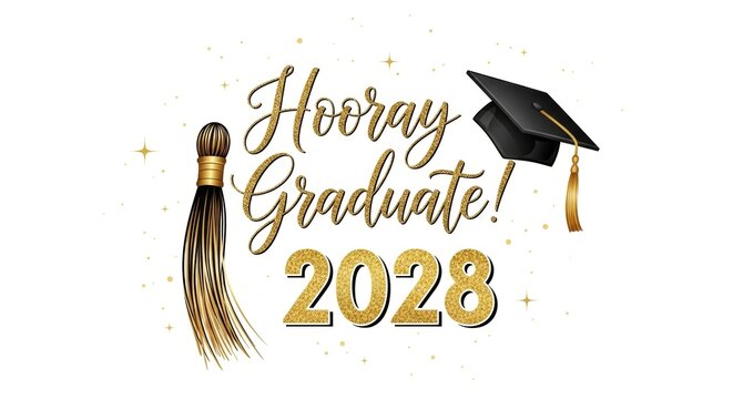 Celebratory graduation announcement with gold accents and festive design