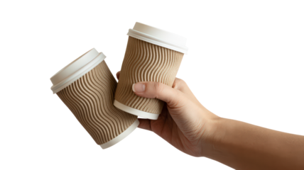 Holding Pair of Disposable Coffee Cups with White Lids Filled with Hot Beverage for Take Away Business in Studio Shot Isolated on Transparent Background
