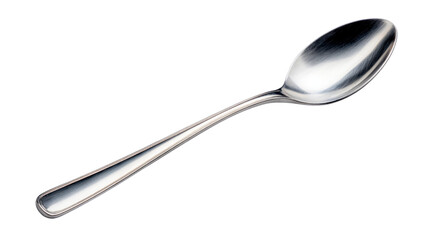 A single silver metal teaspoon with a decorative handle isolated on transparent background