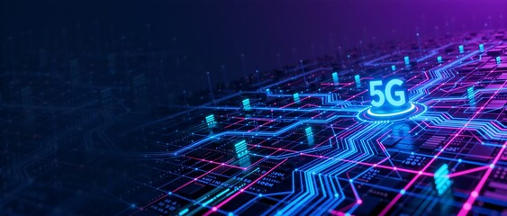Futuristic 5G technology background with glowing digital circuit board. High speed mobile internet network concept. Neon blue and pink data connection lines