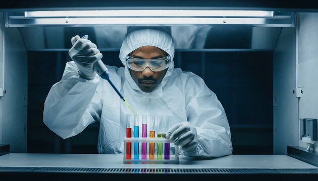 Focused african american male scientist in a clean suit and goggles using a pipette with test tubes, biotechnology research - Powered by Adobe