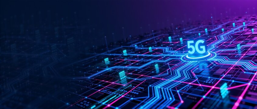 Futuristic 5G technology background with glowing digital circuit board. High speed mobile internet network concept. Neon blue and pink data connection lines