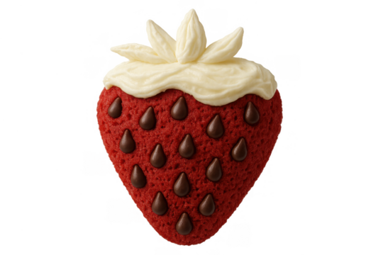 Strawberry shaped red velvet cookie with chocolate chips and vanilla frosting representing sweet dessert treat