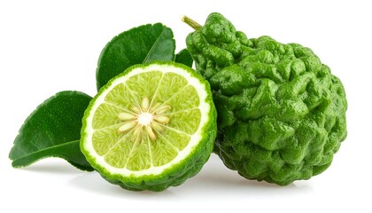 Citrus fruit with bumpy green rind. One half shows segmented insides, with shiny green leaves in the background