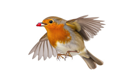 European robin flying with red berry in beak isolated PNG, colorful bird on transparent background for design and nature-related projects