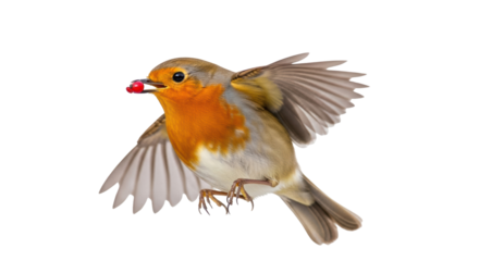 European robin flying with red berry in beak isolated PNG, colorful bird on transparent background for design and nature-related projects