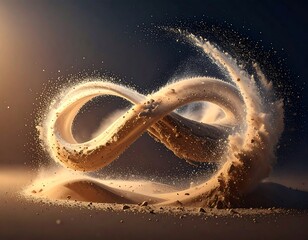 Ethereal infinity symbol sculpted from swirling sand, illuminated softly against a dark backdrop, creating a sense of movement