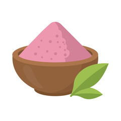 Matcha tea pink powder illustration with leaves vector flat design on white background. Japanese healthy pink tea powder in bamboo bowl symbol for menu, banner, poster, web, emblem.