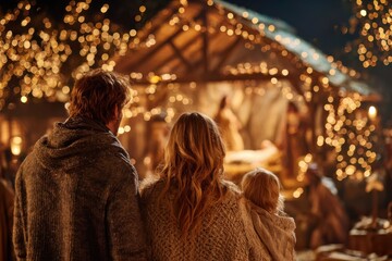 Fototapeta premium Family admiring lit nativity scene under night sky