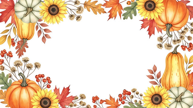 Vibrant watercolor autumn harvest border with colorful pumpkins, sunflowers, and rustic fall leaves, creating a festive seasonal frame for invitations and greeting cards