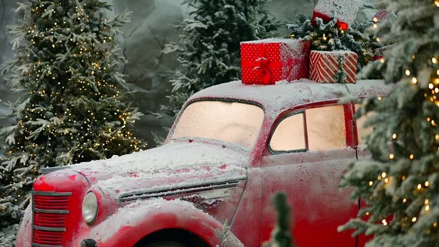 A vintage red car covered in artificial snow in the photo booth.
Snowy photo booth for family photo sessions before Christmas.
Religious winter holiday - Powered by Adobe