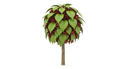 Round Green Leafy Tree with Red Berries and Brown Seed Pods isolated on a transparent background