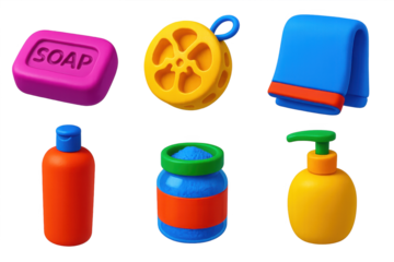 Colorful Bath Care Icons. 3D icon set of personal bath care: soap bar, loofah sponge, face towel, shampoo bottle, bath salt jar,
