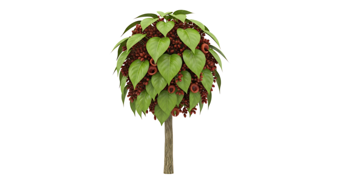 Round Green Leafy Tree with Red Berries and Brown Seed Pods isolated on a transparent background