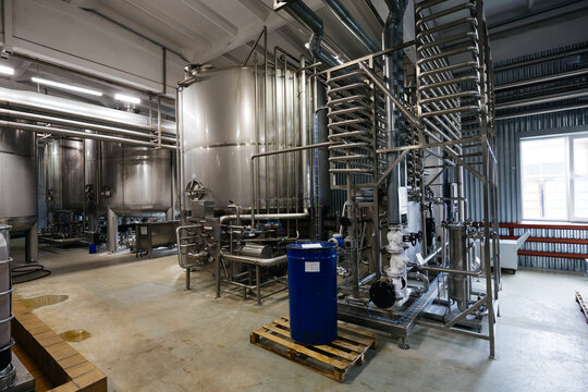 Modern brewery production line, vats and pipeline