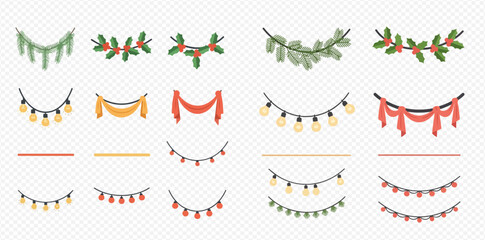 A collection of festive Christmas garlands, string lights, and decorative borders.