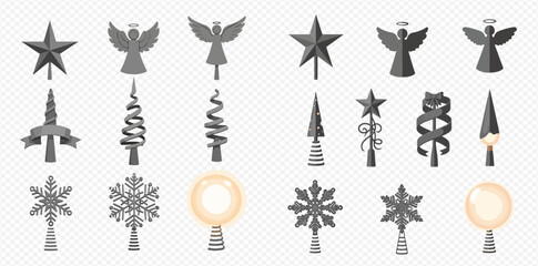 Collection of various Christmas tree toppers including stars, angels, spirals, and snowflakes in different designs, some with glowing lights.