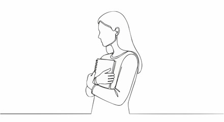 Woman holding book in her arms looking away in line art style.