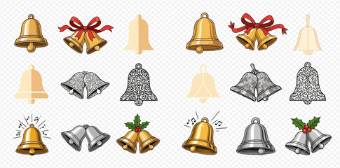 Collection of various golden and silver bells, including Christmas bells with ribbons and holly, and ringing bells in different styles.