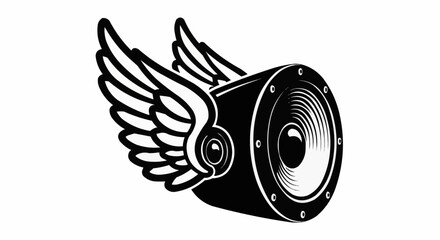 Flying speaker with wings representing sound and music.