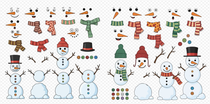 Snowman builder kit with various customizable elements and accessories for winter fun.