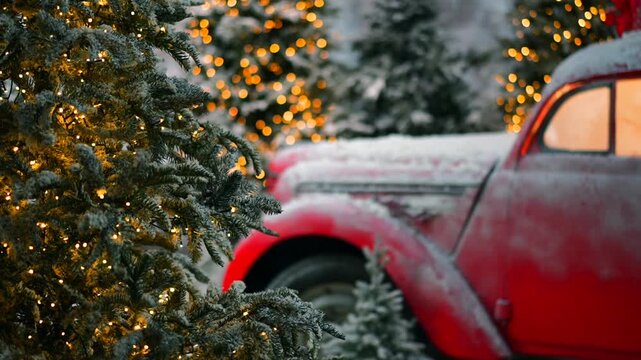 Snow-covered Christmas decorations.
A snow-covered red car against a backdrop of snow-covered artificial Christmas trees.
Christmas atmosphere and winter vibes.
Christmas, snow, Christmas trees, fores