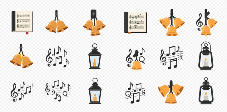 A collection of musical and festive icons featuring golden handbells, various music notes, sheet music, and vintage lanterns with candles, on a transparent background.