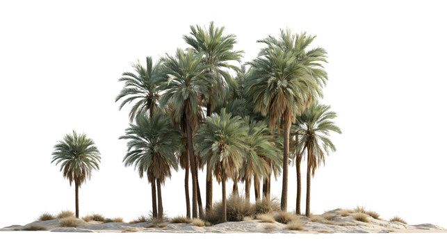 Group of date palm trees growing on a small patch of desert ground isolated on transparent background