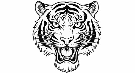 Detailed Black and White Tiger Head Illustration with Open Mouth.